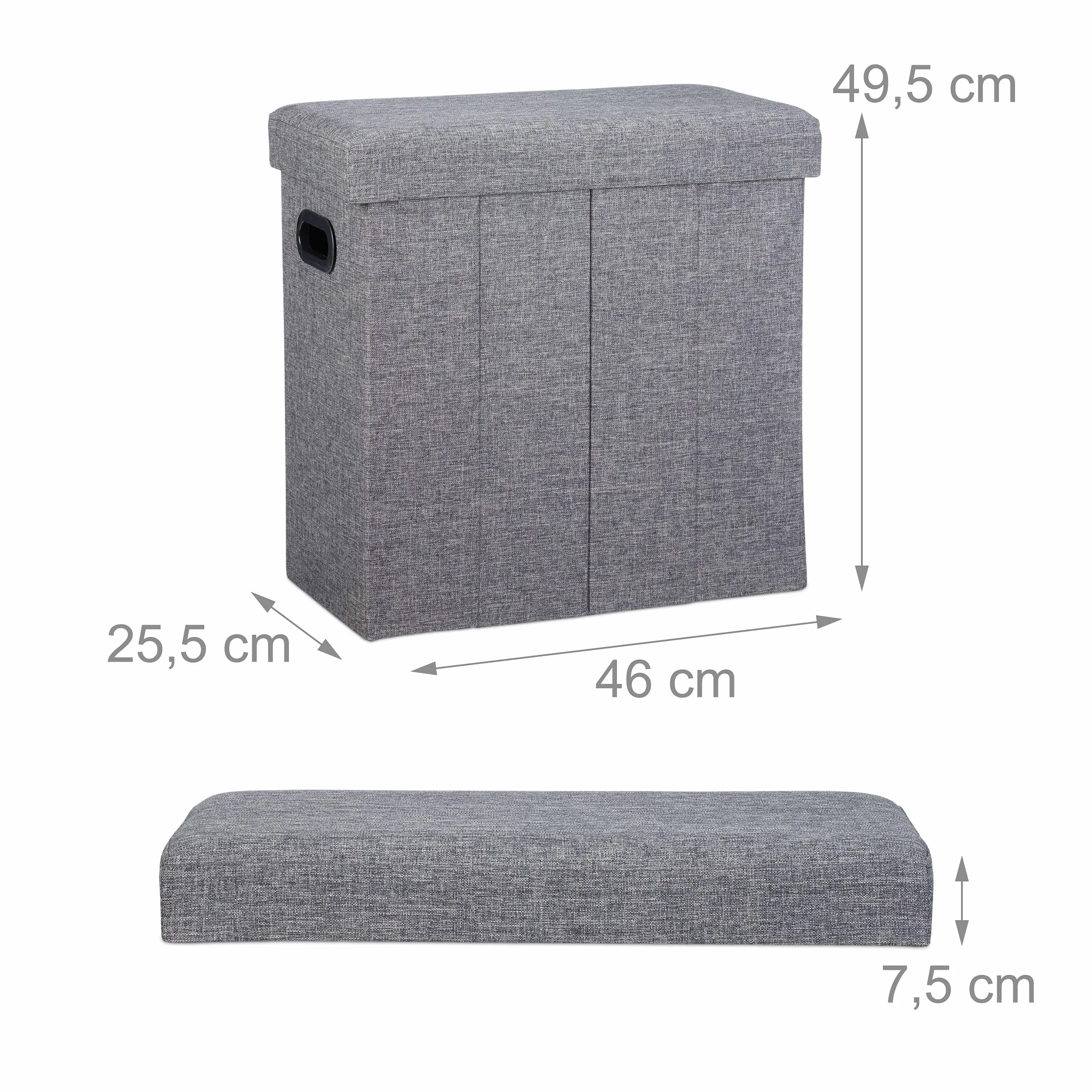 Relaxdays Faltbarer Sitzhocker, HxBxT: 49,5 x 46 x 25,5 cm, mit Stauraum, Griffe, Leinen, Polyester, MDF, dunkelgrau
