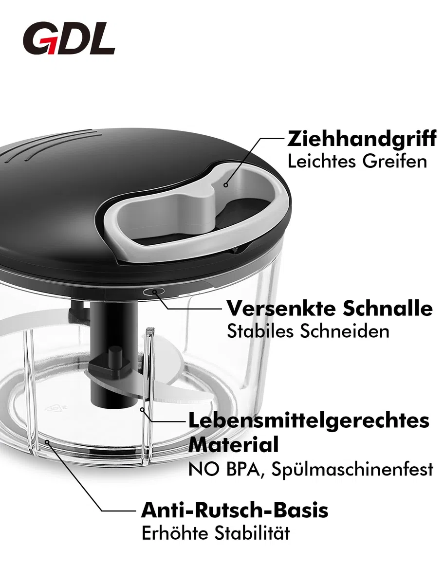 GDL Zwiebelschneider, 800ML Zwiebel Zerkleinerer mit Edelstahlklingen, Multizerkleinerer Gemüseschneider für Gemüse, Obst, Nüsse, Knoblauch, Babynahrung. (Schwarz)