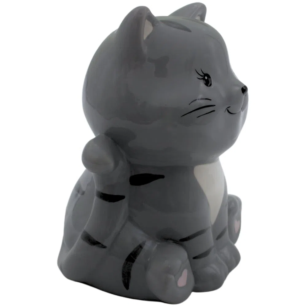 Spardose Katze, Katzenspardose, Kindersparbüchse Katze, Sparschwein Katze, Sparfigur, Kinderspardose, Spartier, Sparkatze, Dekokatze mit Sparfunktion aus Keramik in grau, L/B/H 10 x 12 x 16 cm.
