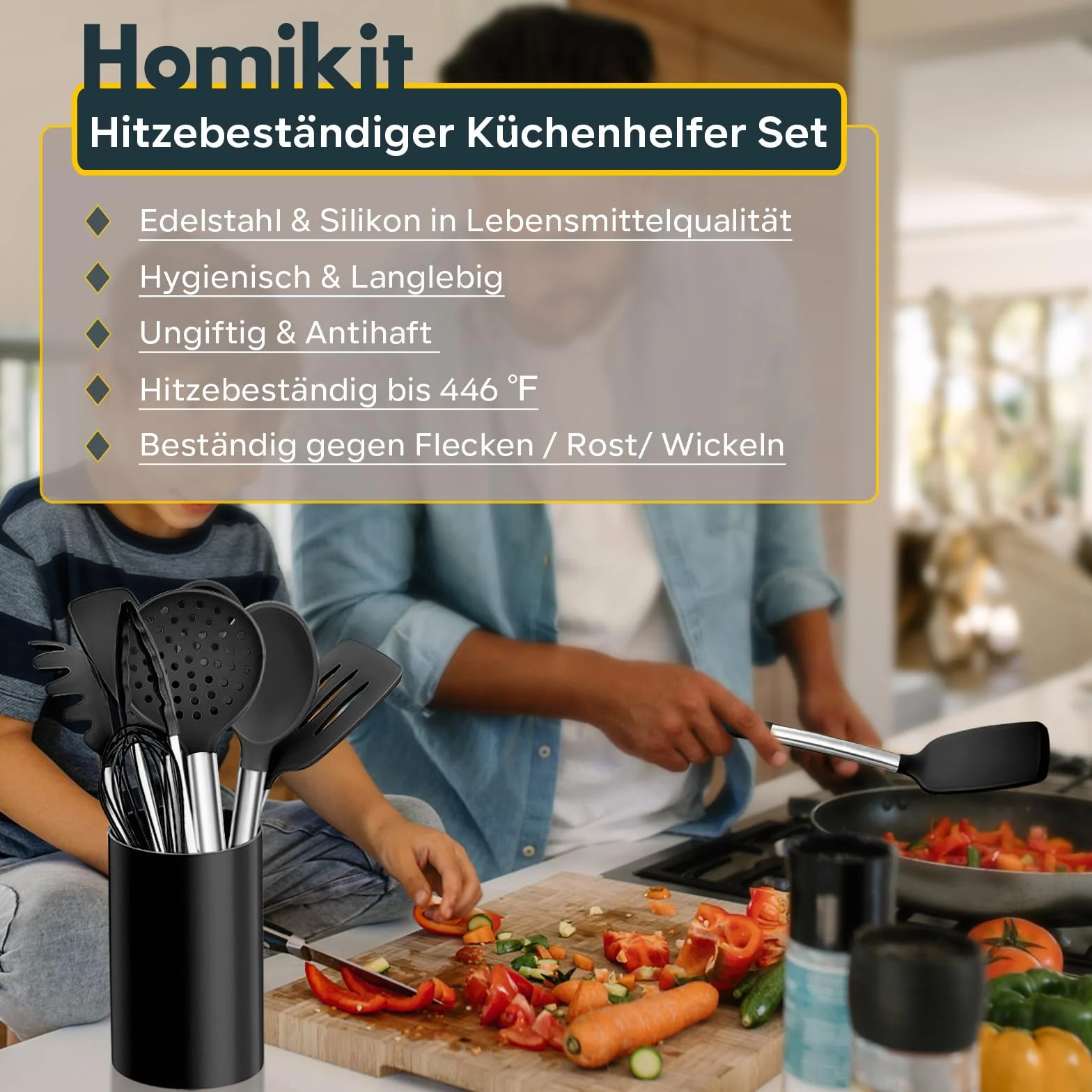 Küchenhelfer Set, Homikit 10 Stück Silikon Küchenutensilien Kochbesteck Set mit Edelstahlgriff, Antihaft Hitzebeständiger Schwarz Kochutensilien Set, Gesund, Spülmaschinenfest