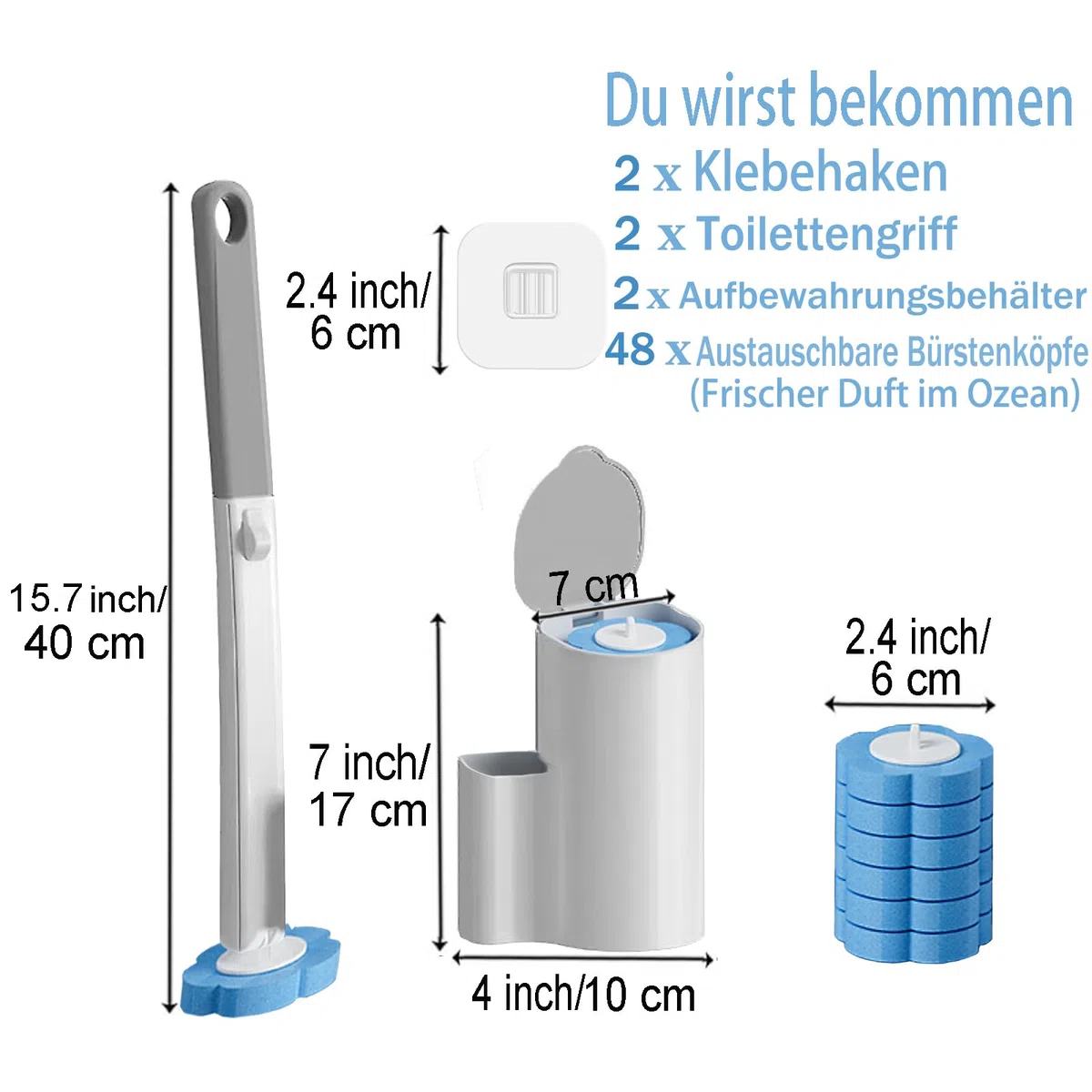Einweg Toilettenbürste，2er Set verlängertem Griff und Halter-Set WC-Bürsten，Klobürste mit 48 Stück Reiniger Nachfüllungen für Badezimmerreinigung，Waschbecken，Badewanne - Blau(Ocean Fresh Duft)