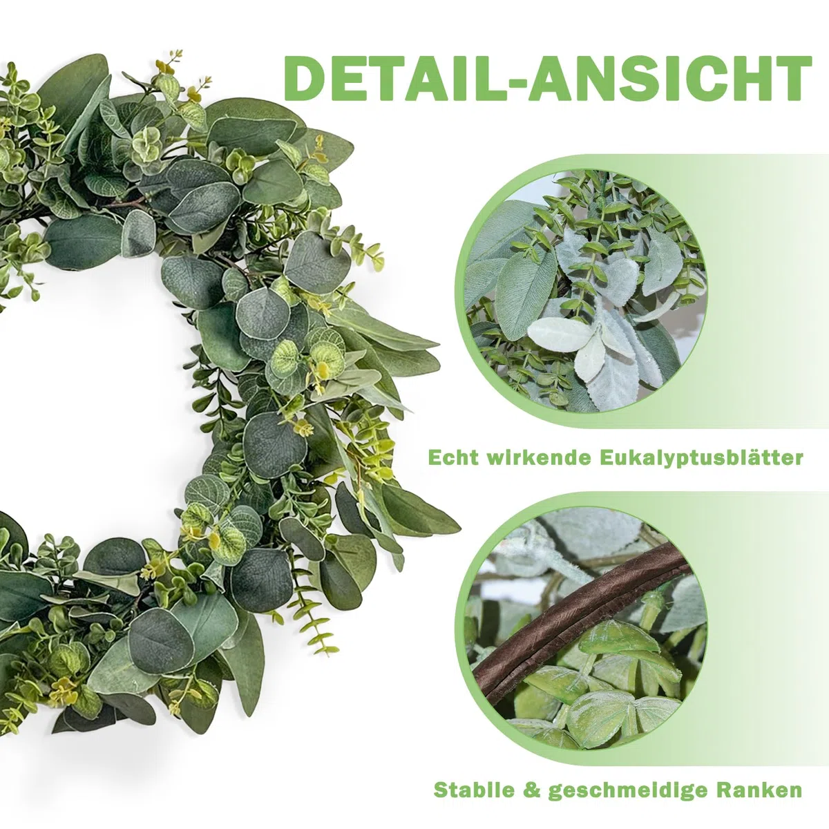 60cm Premium Eukalyptuskranz mit 4 Blattstilen - Luxus Wanddekoration für Haus & Veranstaltungen. Extra voluminös für festlichen Look. Innen/Außen ganzjährig