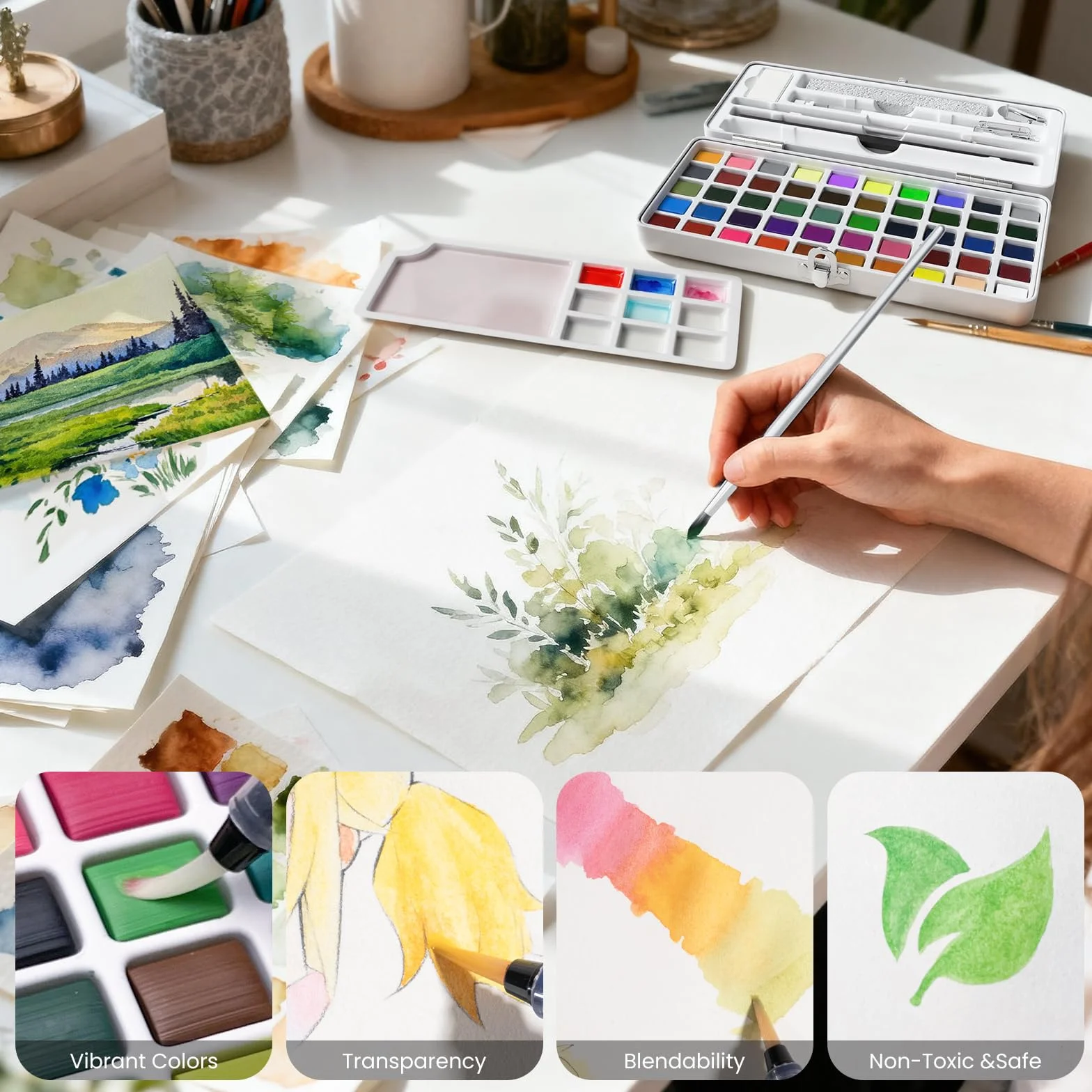 JusArt Aquarellfarben-Set mit 50 Farben, Künstlerbedarf mit Metallic-Farben, Detailpinseln, Wasserpinseln und tragbarem Reise-Malset für Künstler, Profis, Erwachsene und Kinder
