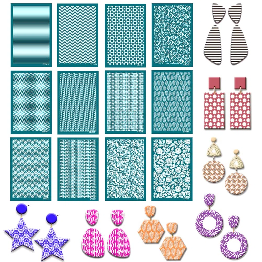 LICHENGTAI Siebschablone für Polymer Clay, Wiederverwendbare Musterschablonen Netzschablonen Transfer Waschbare Schablonen Siebschablone Siebdruck Kit für Schmuck Ohrringherstellung Aus Polymerton
