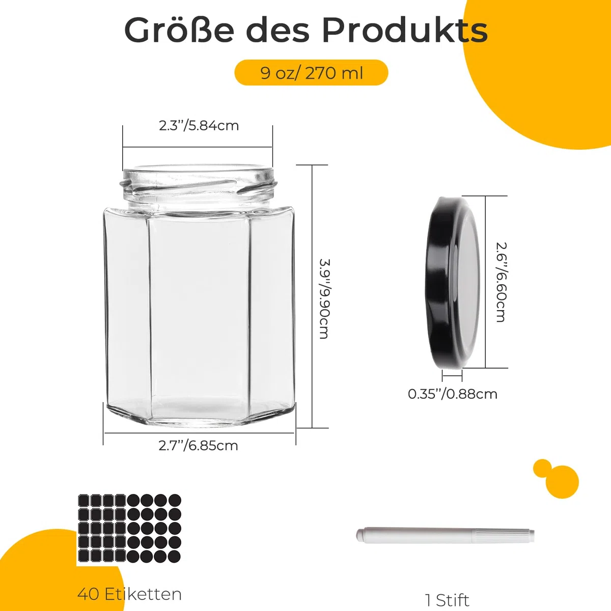 270 ml Sechseckige Gläser mit Schwarzem Deckel, 12 Pack 9 oz luftdicht Einmachgläser, Lebensmittel Lagerung Gläser für Gewürz, Marmelade, Honig, Joghurt, mit 40 Aufkleber,1 Stift