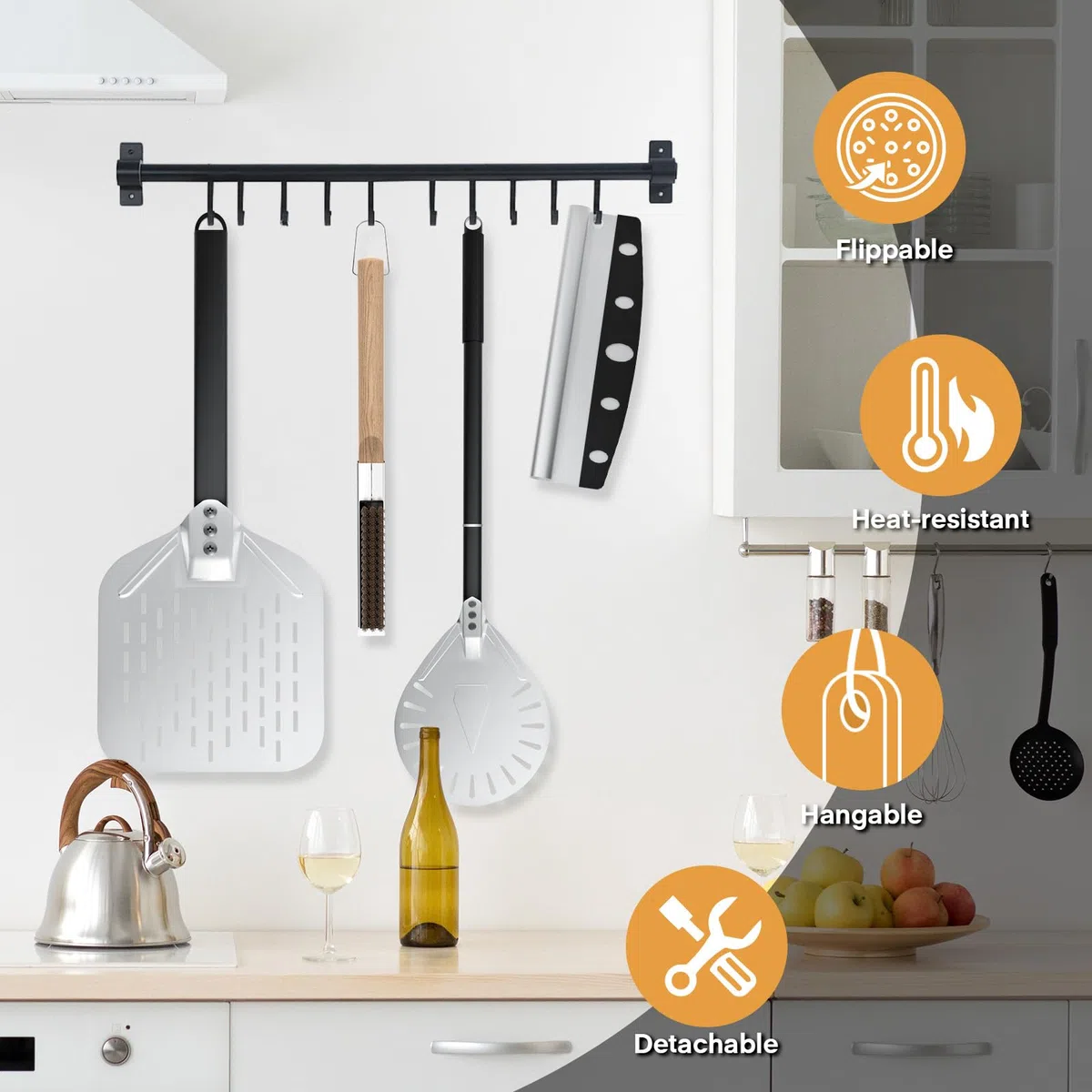 4tlg Pizza Schieber Set, 12 Zoll Pizzaschieber Perforiert + 9 Zoll Pizzaschaufel aus Alulegierung + Profi Pizzaschneider + Pizzaofen Bürste aus Naturborsten, Pizzawender mit 40cm abnehmbarem Griff