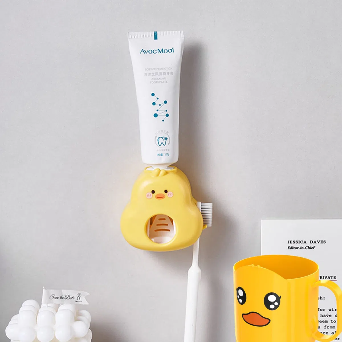 Zahnpastaspender Kinder Ohne Bohren Sonwaha Toothpaste Dispenser Kids,Zahnpasta Spender Automat Kinder mit Tasse Zahnbürstenhalter Kinder Kleine Gelbe Ente