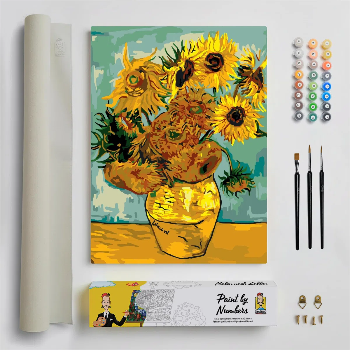 DonElton Malen nach Zahlen für Erwachsene, inspiriert von Vincent van Gogh – 40 x 50 cm Malsets mit Pinseln, Acrylfarben und Leinen-Leinwand, ohne Rahmen – Kreatives Geschenk (Sonnenblumen)