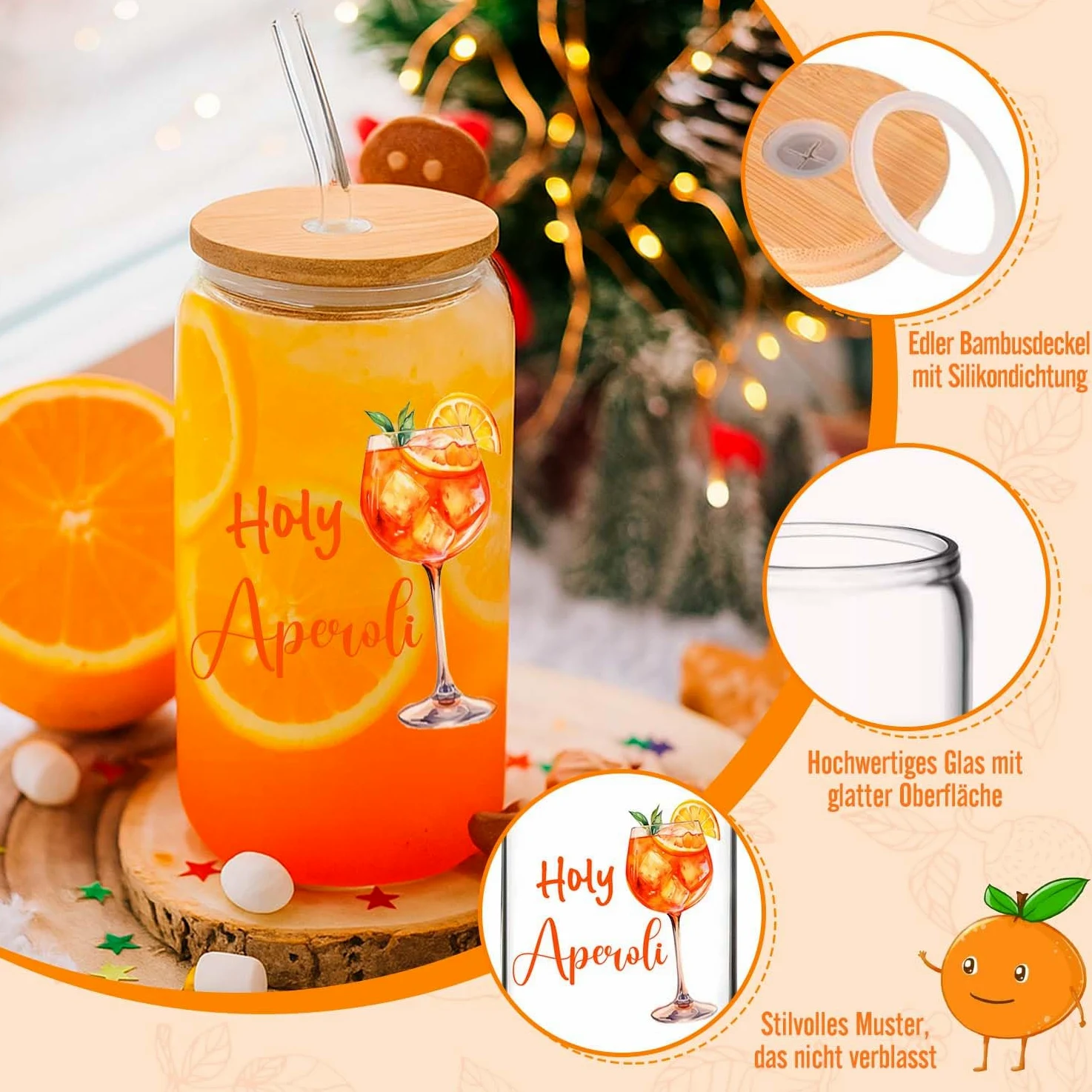 Aperol Spritz Gläser Glas mit Deckel Strohhalm Aperol Accessoires Aperol Geschenke für Frau Aperol Spritz Gläser Geschenkset (Aperol straw cup)