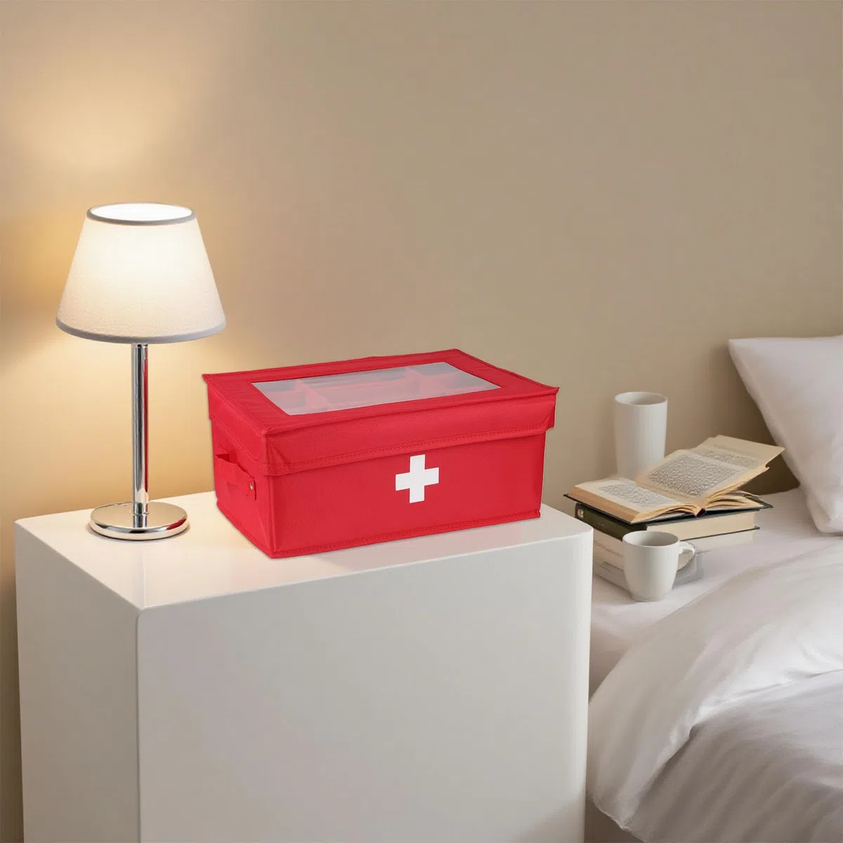Hausapotheke Box mit Fächern und Griff – Medizinbox aus Stoff mit Deckel und herausnehmbaren Trennwänden – Praktischer Medizin Organizer für Zuhause Auto Reise und Büro