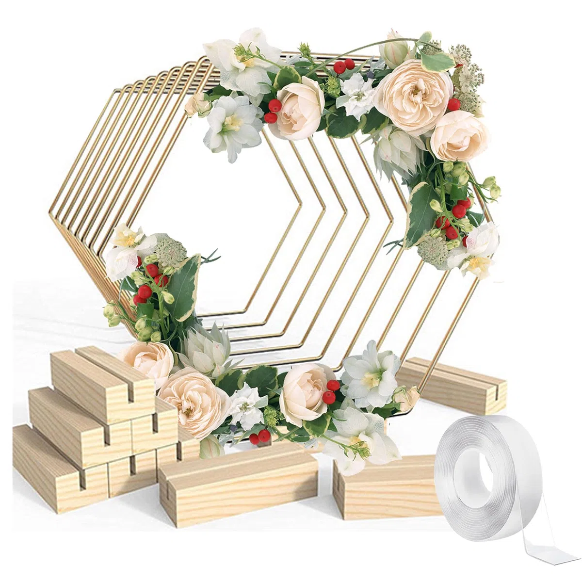 Metallringe zum Basteln, 10 Stück Hexagon Metallring, 20cm Metallring mit Fuß, Metall Deko Ringe mit Holzständer für DIY Handwerk Hochzeit Party Tischschmuck