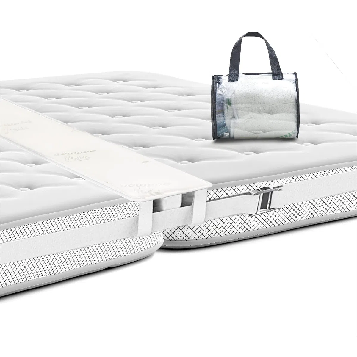 BALIBETOV Liebesbrücke für Matratzen [198x20 cm] – Matratzenkeil & Ritzenfüller mit Memory-Schaum, Spanngurt & Tasche, ideal für Paare & Familien (Beige)