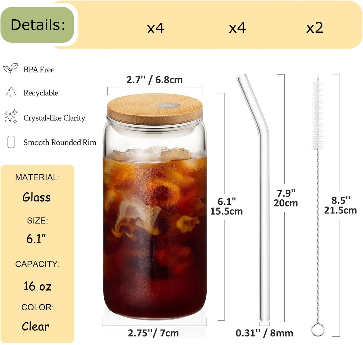 Trinkgläser mit Deckel und Strohhalm,Cocktailgläser Eiskaffee Gläser 500ml,Iced Coffee Glas,Kaffee & Matcha Gläser,Glasbecher ideal für Smoothie,Latte,Macchiato,Whiskey,Geschenk (4Pack)