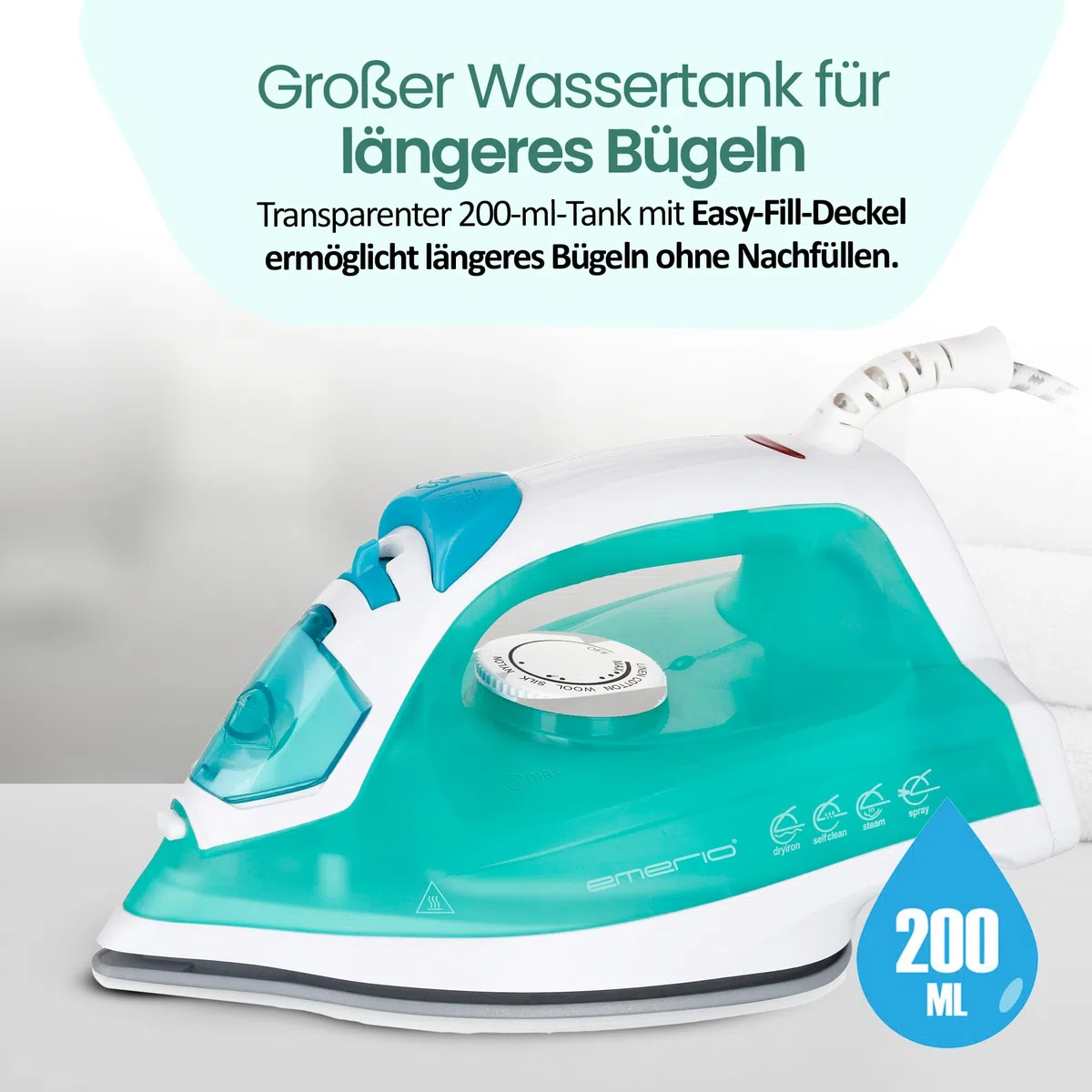 Emerio Bügeleisen Dampfbügeleisen, 2000 Watt, besonders gleitfähige Keramik-Bügelsohle, Selbstreinigung, Sprühwasserfunktion, Tropfstopp, Vertical Dampf, großzügiger 200ml Wassertank, SI-110298.4