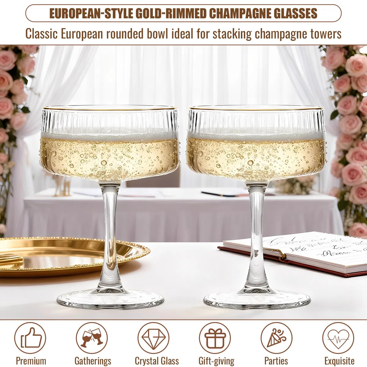Sektschalen 4er Set,260 ml Champagnerschalen mit Goldrand,Vintage Coupe Gläser aus bleifreiem Glas für Champagner,Sekt,Prosecco und Cocktails,Geriffelte Cocktailgläser