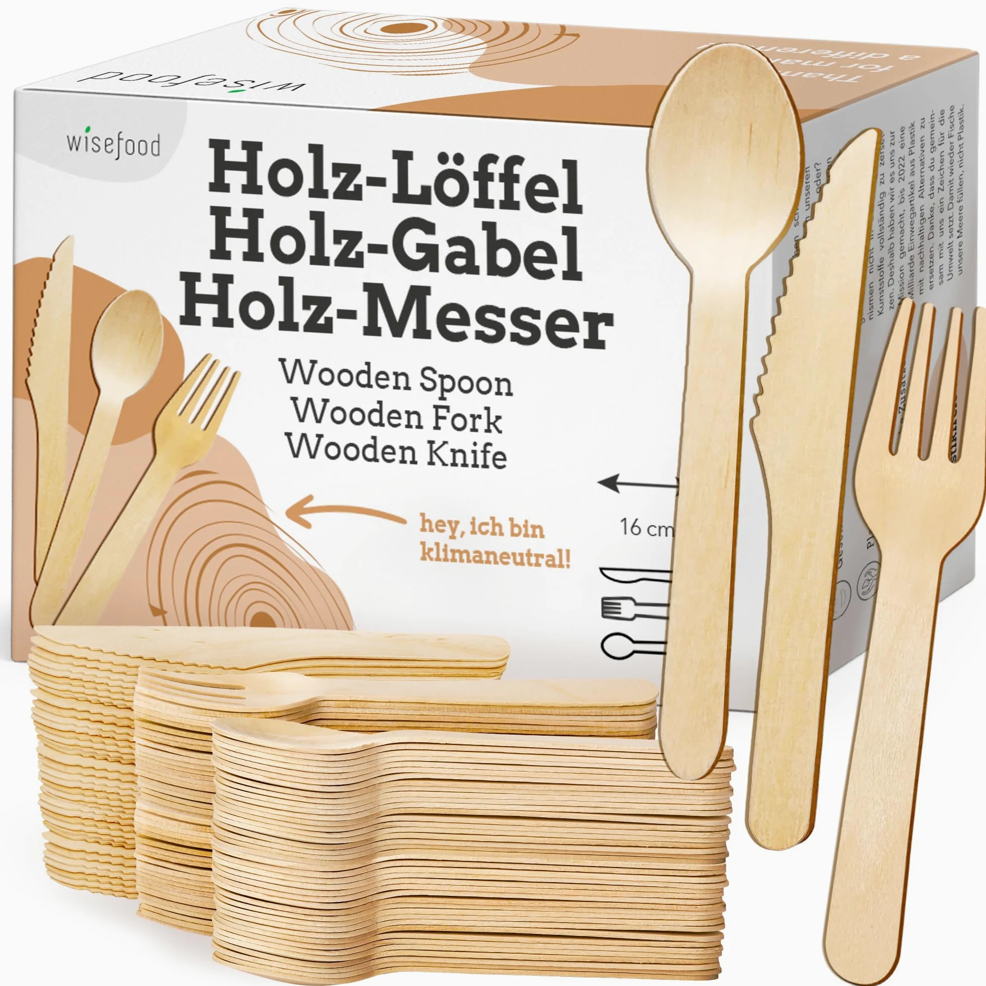 Wisefood Holzbesteck Set, 100 Holzgabeln, 100 Holzmesser, 100 Holzlöffel, 300-teiliges Einwegbesteck Set 16,5cm, Biologisch abbaubares und splitterfreies Partybesteck (2 Sets)