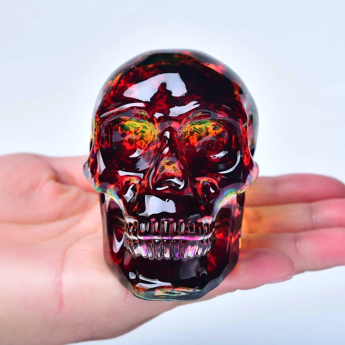 Kristall-Totenkopf-Statue – Glas-Totenkopf-Figur, Edelstein, Halloween-Dekoration, Geschenke für Frauen, Rot und Gelb, 7,1 cm
