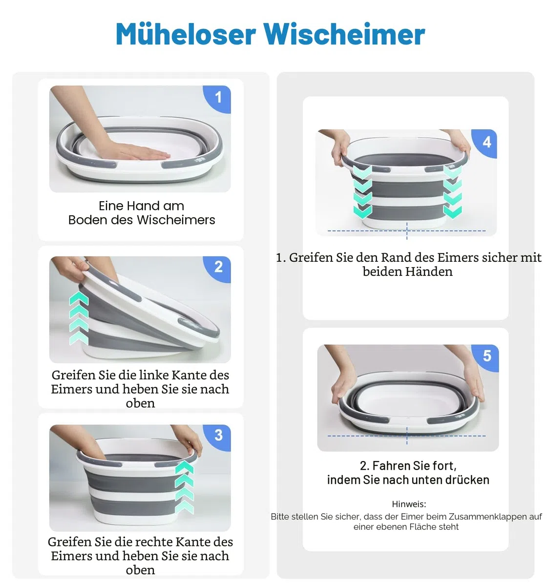 Lesipee Klappbarer Mobbeimer 16L mit Tragegriffen, Faltbarer Silikon-Kübel für Putzen Eiswürfelbehälter, Wäsche & Aufbewahrung - Tragbares Waschbecken, 4.2 Gallonen platzsparender Universal-Eimer