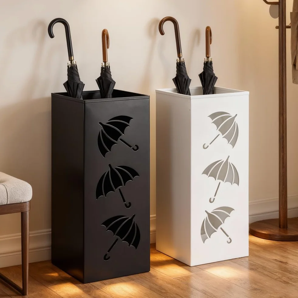 CEWROM Schirmständer, Regenschirmständer aus Metall, Wasserdichter und Rostfreier Quadratischer Freistehender Schirmständer Regenschirm, Abnehmbare Abtropfschale für Haus, Büro, Eingangsbereich (Weiß)