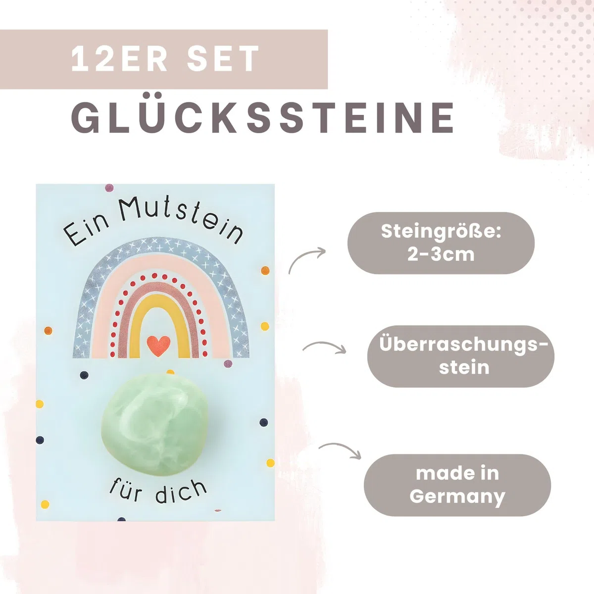 Milaboo 12er Set Glückssteine mit Karte – Einzeln verpackte Natursteine als dekorative Geschenkidee – Glücksbringer & Mitbringsel für besondere Anlässe (Mutstein)