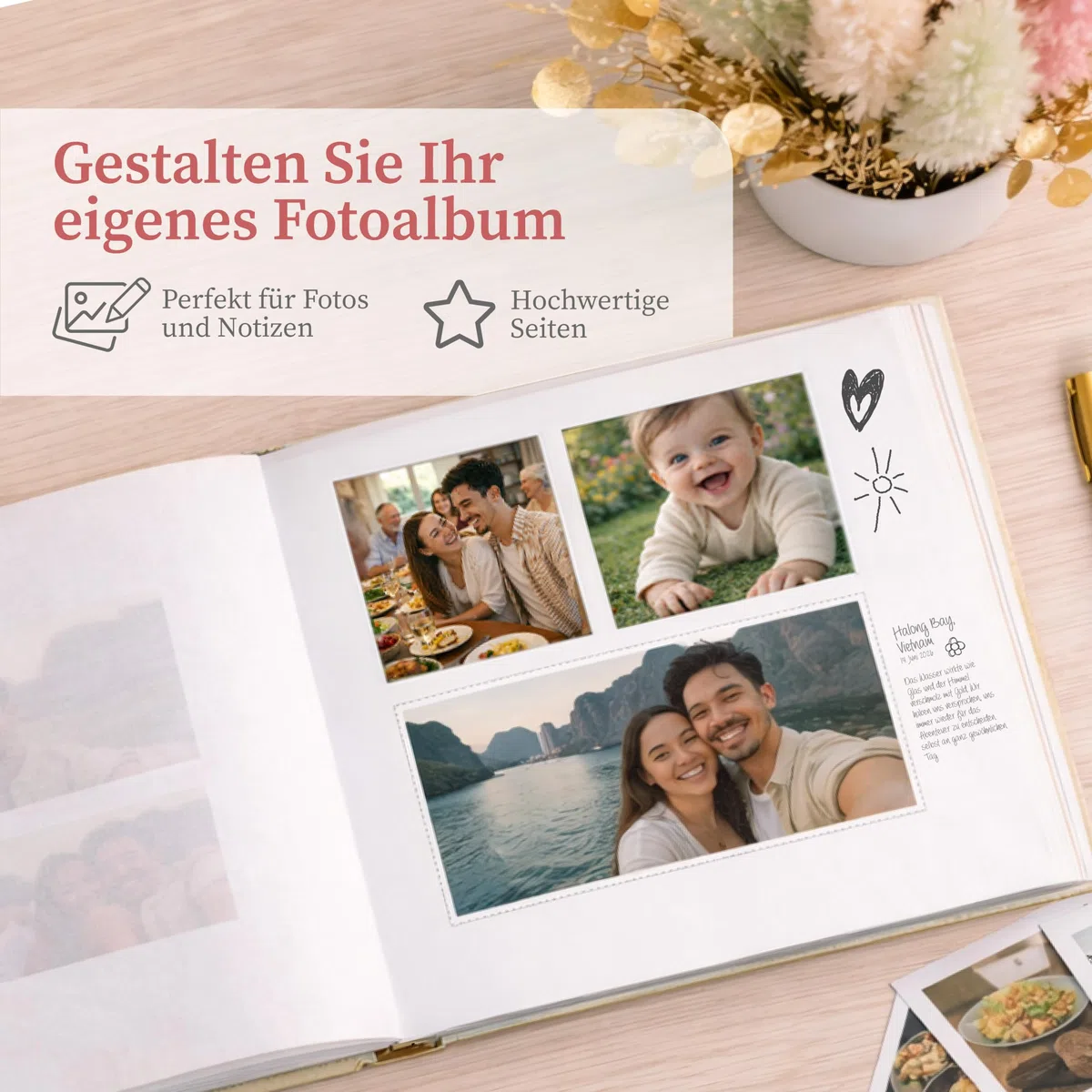 Zenacolor Fotoalbum zum Selbstgestalten - Fotobuch 30x22cm in Beige - 50 weiße Seiten & Platz für 150 Fotos - Scrapbook echtes Leinen