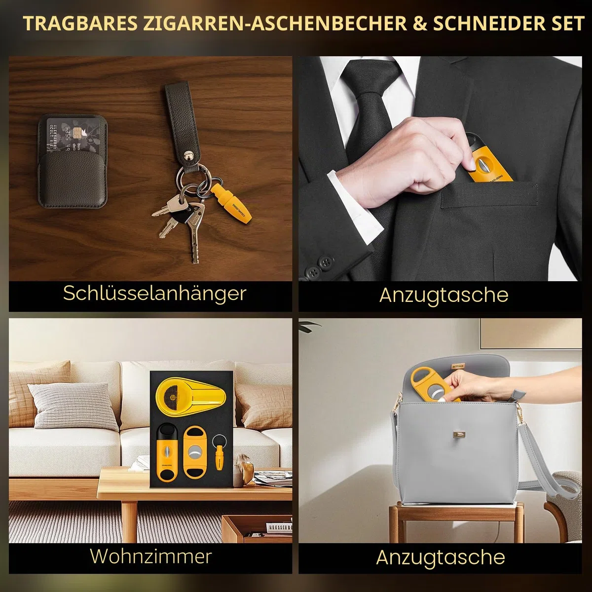 CIGARLOONG Zigarren-Aschenbecher- und -Beschneider-Set. Keramischer Aschenbecher mit V-Beschneider, Guillotine-Beschneider und Zigarrenstich. Ein Zigarrenzubehör-Set,Geschenk für Männer (Schwarz)