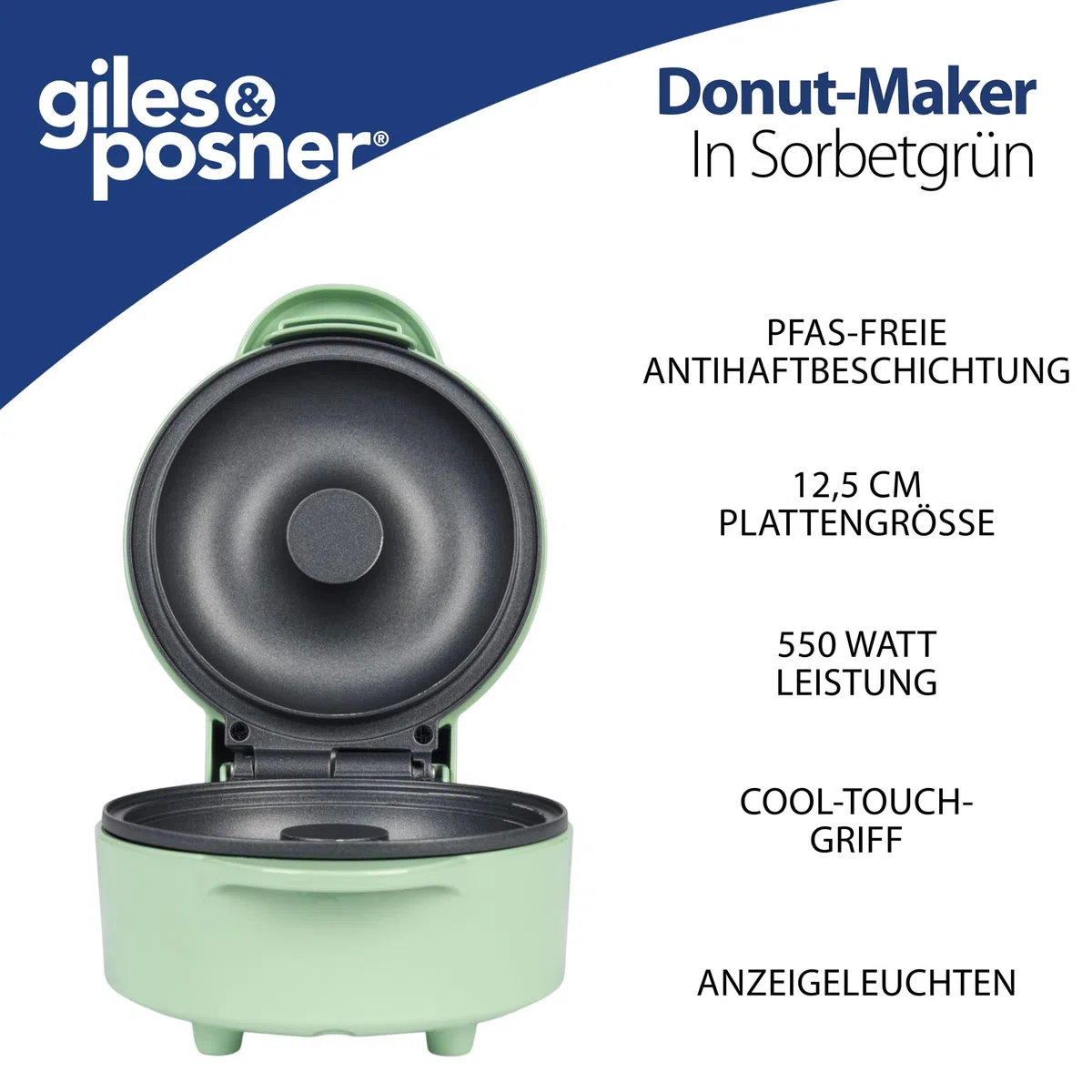 Giles & Posner Doughnut Maker – Einzelne große Donut-Maschine, PFAS-freie Antihaftbeschichtung, leicht zu reinigen, 12,5 cm Plattengröße, Anzeigeleuchten, süße Leckereien, Cool-Touch-Griff, 550 W