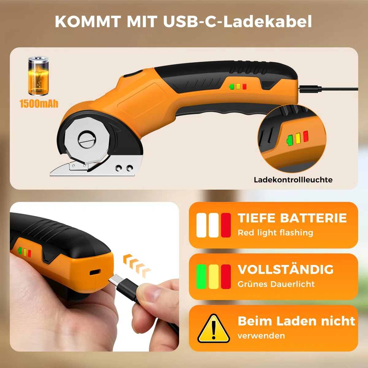 Kartonschneider 4V Elektrischer Schere Kabellose Rollschneider Universalschneider Wiederaufladbar Rotationsschneider Akkuschere für Papier, Pappe, Teppich, Leder, Filz, Kunststoff - mit Ersatzklinge