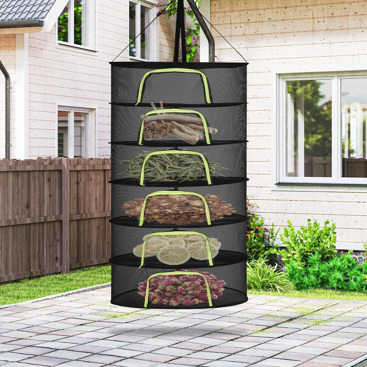 6 Lagiges Trockennetz Kräuter, 150 cm Kräutertrockner Hängend, Trocknungsnetz mit S Haken und Reißverschluss für Pflanzen, Gemüse, Kräuter, Blumen (6 lagiges-150cm)