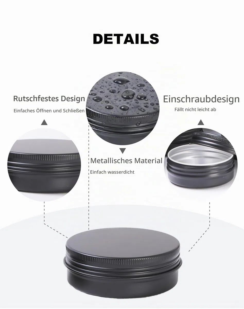 LJY 48 Stück Schwarze Aluminiumdosen mit Schraubdeckel (3 Größen Set) – Runde leere Metalldosen für Kosmetik, Creme, Balsam & Kerzen, 15ml 30ml 60ml Mix
