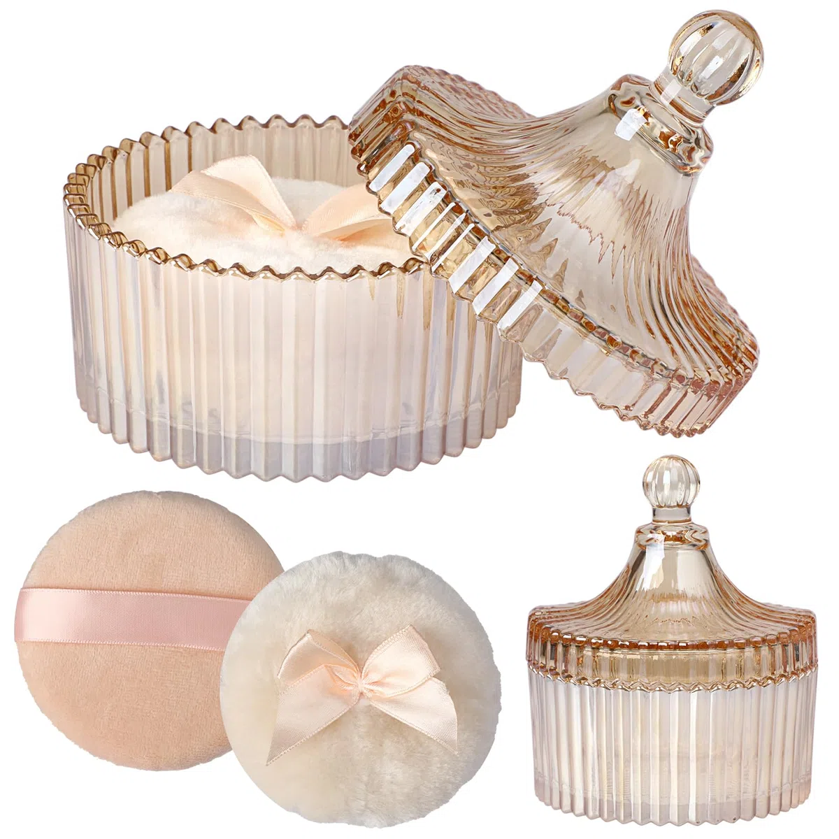 3pcs Puderdose Set aus Glas,Körperpuderbehälter, Babypuder Dose mit Puderquaste,Puderetui für Körperpuder,Talkumpuder,Kosmetikpuder zu Reise Geburtstag als Geschenk(Kein Pulver) (Bernstein)