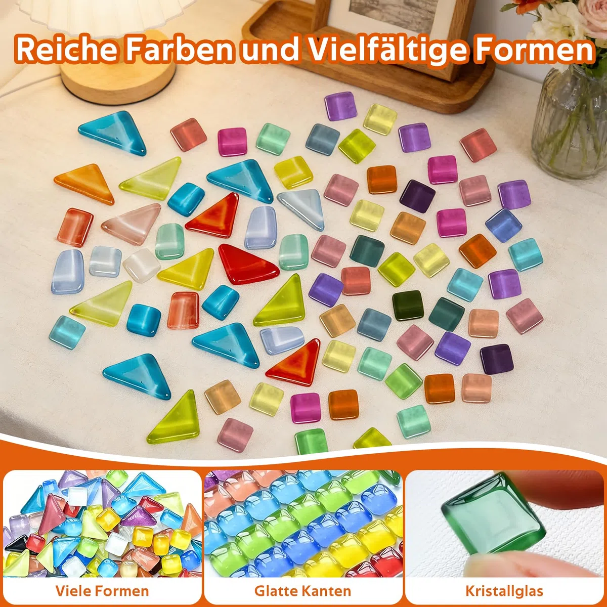 Sheryl&Rain 900 g Mosaikfliesen, Mosaiksteine zum Basteln Set, Quadrat&Unregelmäßige, mit Pinzette, Kristall Glasmosaiksteine, Mini Mosaik Steine Bunt für DIY Kunstprojekte, Mosaikdekorationen