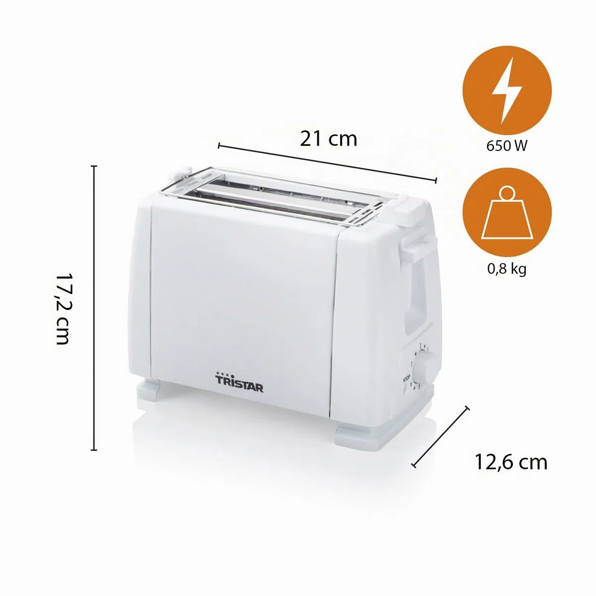 Tristar BR-1009 Toaster, 650 Watt, für 2 Toast-Scheiben 2 Kurze Schlitze, 6 Bräunungsstufen und Aufwärmfunktion für Brötchen – Weiß