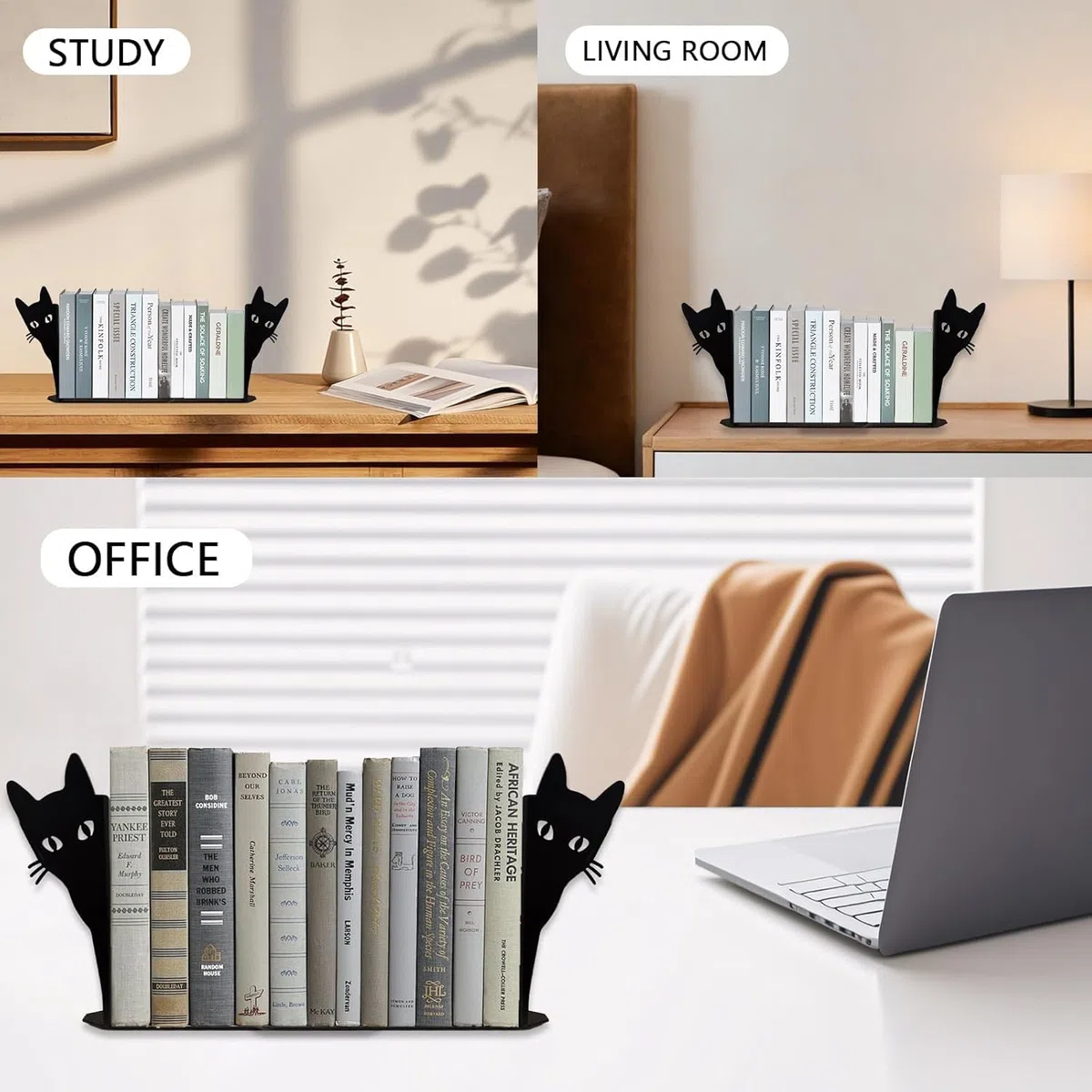 Buchstützen Katzenmotiv – Dekorative Metall-Buchstützen mit Rutschfester Unterseite | Schwarze Katzen-Deko für Bücherregal & Schreibtisch | Originelle Geschenkidee für Katzen- und