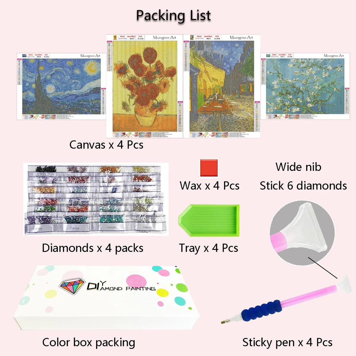 Muzagroo Art Van Gogh Diamant-Malerei-Set für Erwachsene, DIY 5D-Diamant-Kunst-Sets für Anfänger, Sternennachtkunst und Sonnenblumen-Handwerk, Diamantkunst für Wohnzimmer, Kinderzimmer, 4 Stück