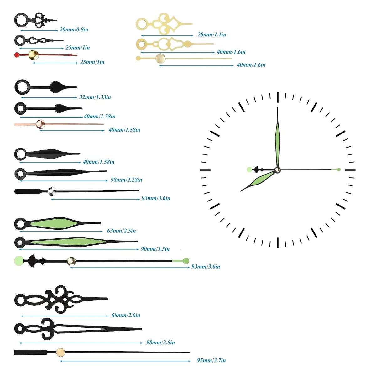 9 Stücke Uhrwerk für Wanduhr, Geräuschloses Uhrwerk Set, Uhrwerke zum Selbsteinbau mit 12 Dekorativen Zeiger, Uhrwerk mit Zeiger, Quarzuhrwerk Uhrlaufwerk Ersatzteile Mechanismus für DIY Uhrenbau