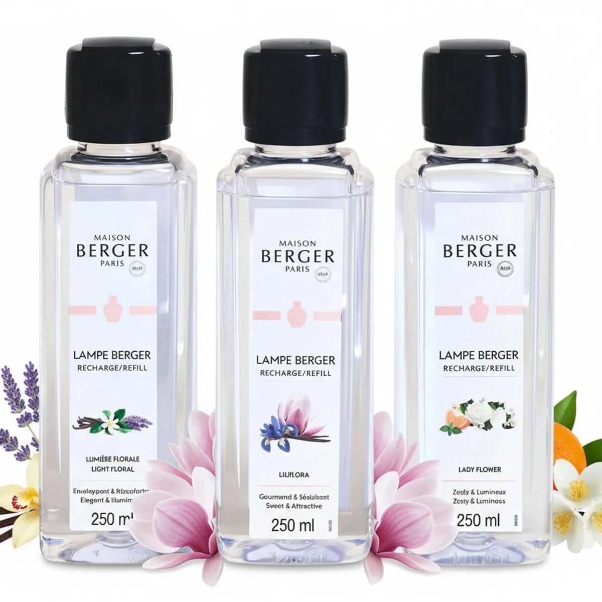 Lampe Berger – TrioPack Kollektion Ophelia – Set mit 3 Flaschen à 250 ml – Lumière Florale – Lady Flower und Liliflora – in elegantem Geschenkkarton