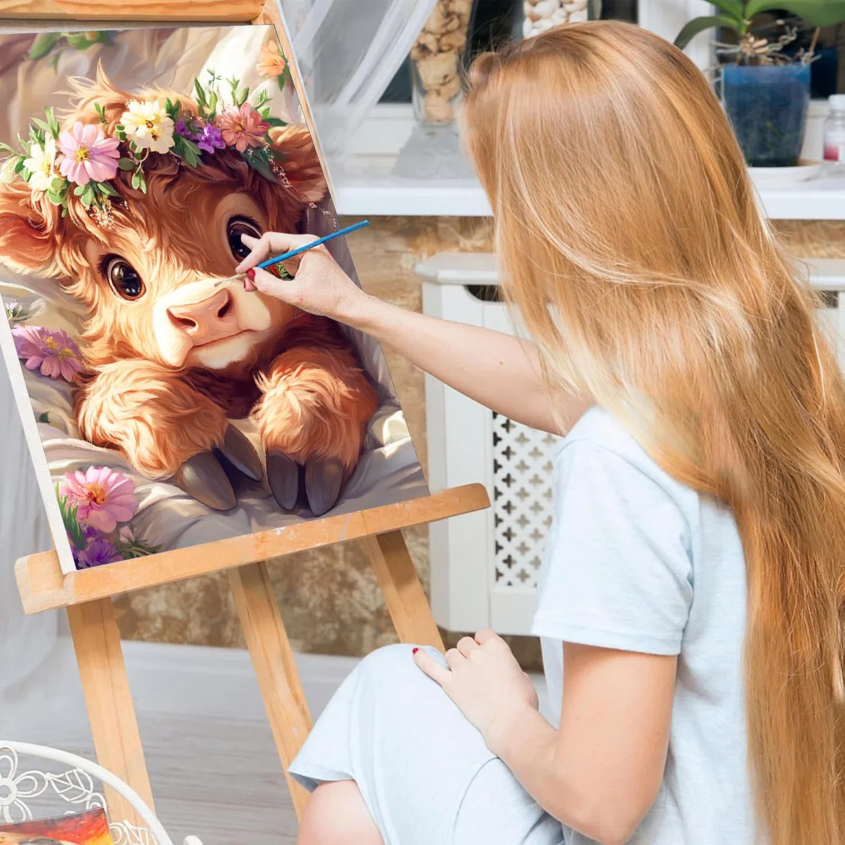 Bowetile Kuh Malen nach Zahlen für Erwachsene mit Rahmen, Tiere Malen nach Zahlen mit Holzstaffelei für Anfänger Leinwand Kit,Gemäide Bastelset auf Leinwand mit Pinseln für Home Decor 20x30cm