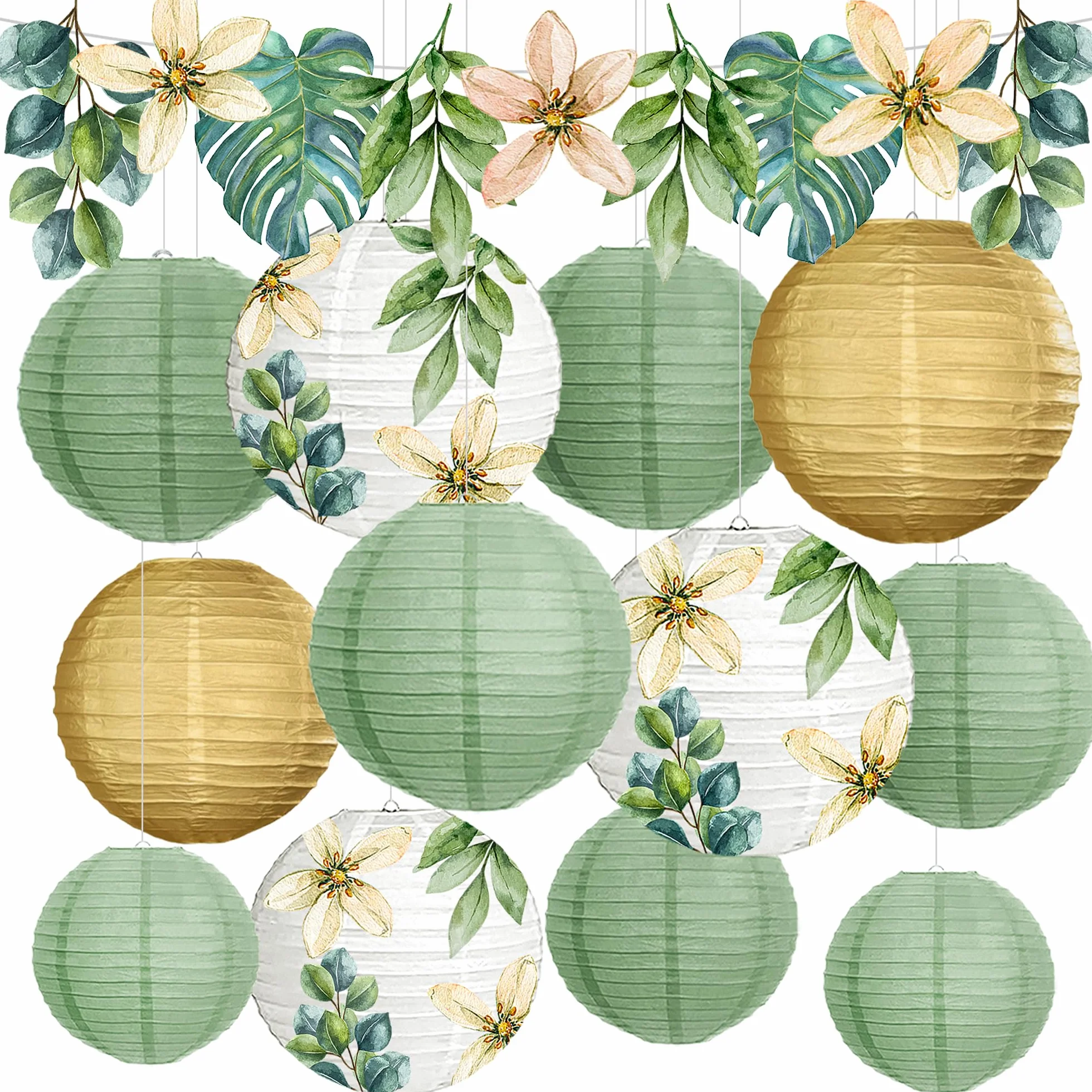 Papier Lampions party deko, 13 Stück Retro Olive Salbei Grün und Blumenlaterne Girlande,für home decoration,Taufe, Kommunion, Konfirmation, Jugendweihe deko