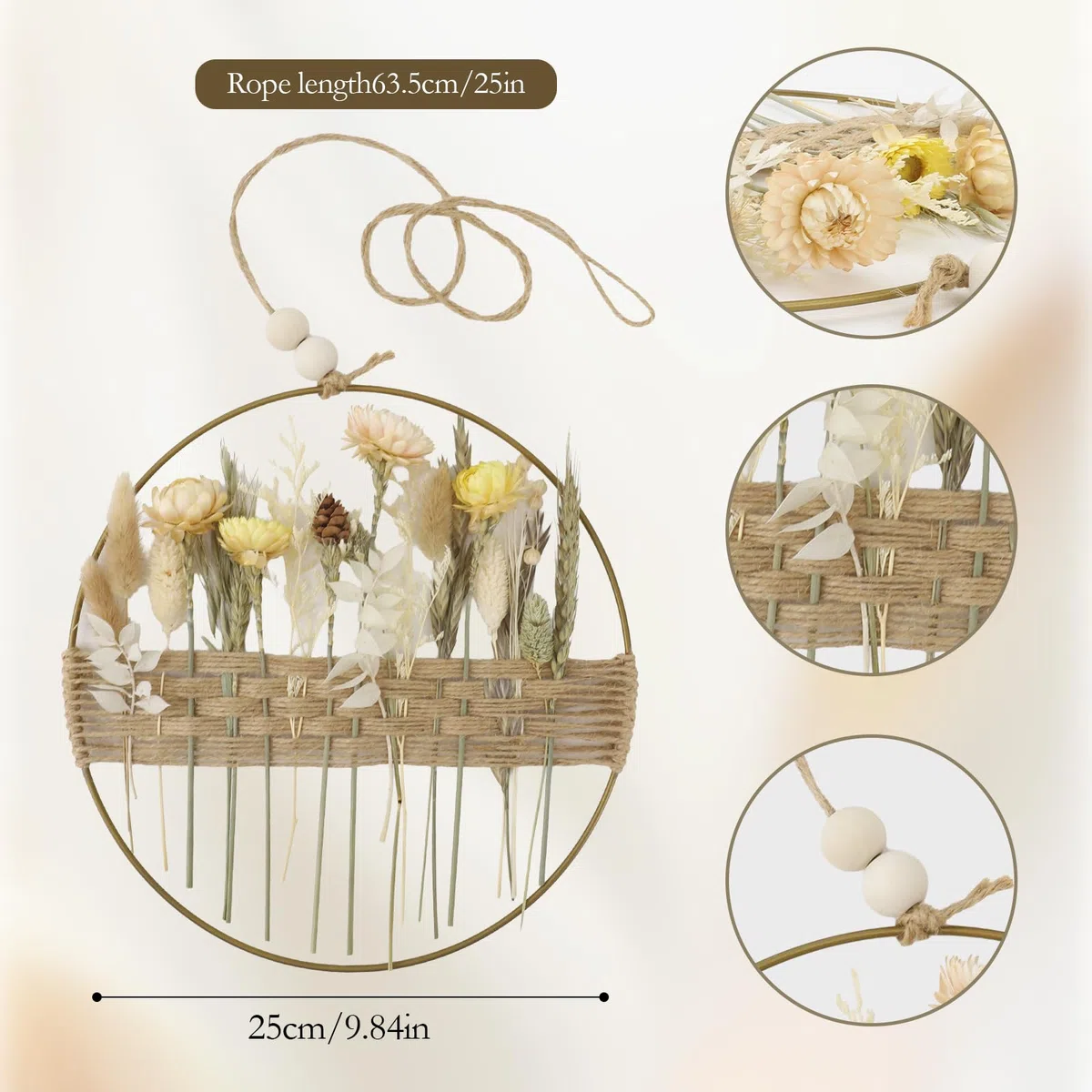 Trockenblumenkranz, 25 * 25cm Türkranz Deko, DIY Natur Trockenblumenkranz Ring, Frühlingskranz Sommerkranz Girlande Homedeko Hochzeitsdeko, Tür Wand Dekoration