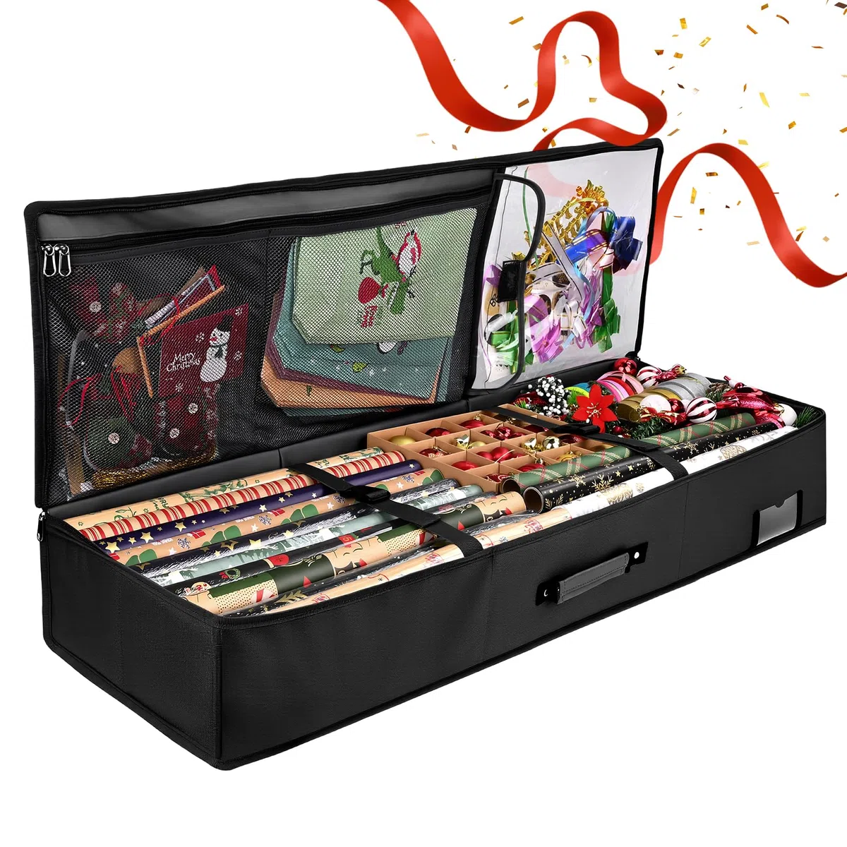 Geschenkpapier Aufbewahrung,Groß Geschenkpapier Organizer 95x35x16 cm,Wasserdichtes 600D Oxford Gewebe Geschenkpapier Aufbewahrung Organizer, Aufbewahrung Geschenkpapierrollen mit Fächern (Schwarz)
