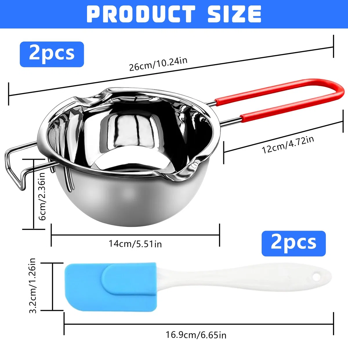 2 Stück Wasserbad-Schmelzschale,Schmelztopf 304 Edelstahl mit 2 Spatel und Hitzebeständigem Griff für Schokolade Zucker Butter Käse Karamell Kerzen (400ml)