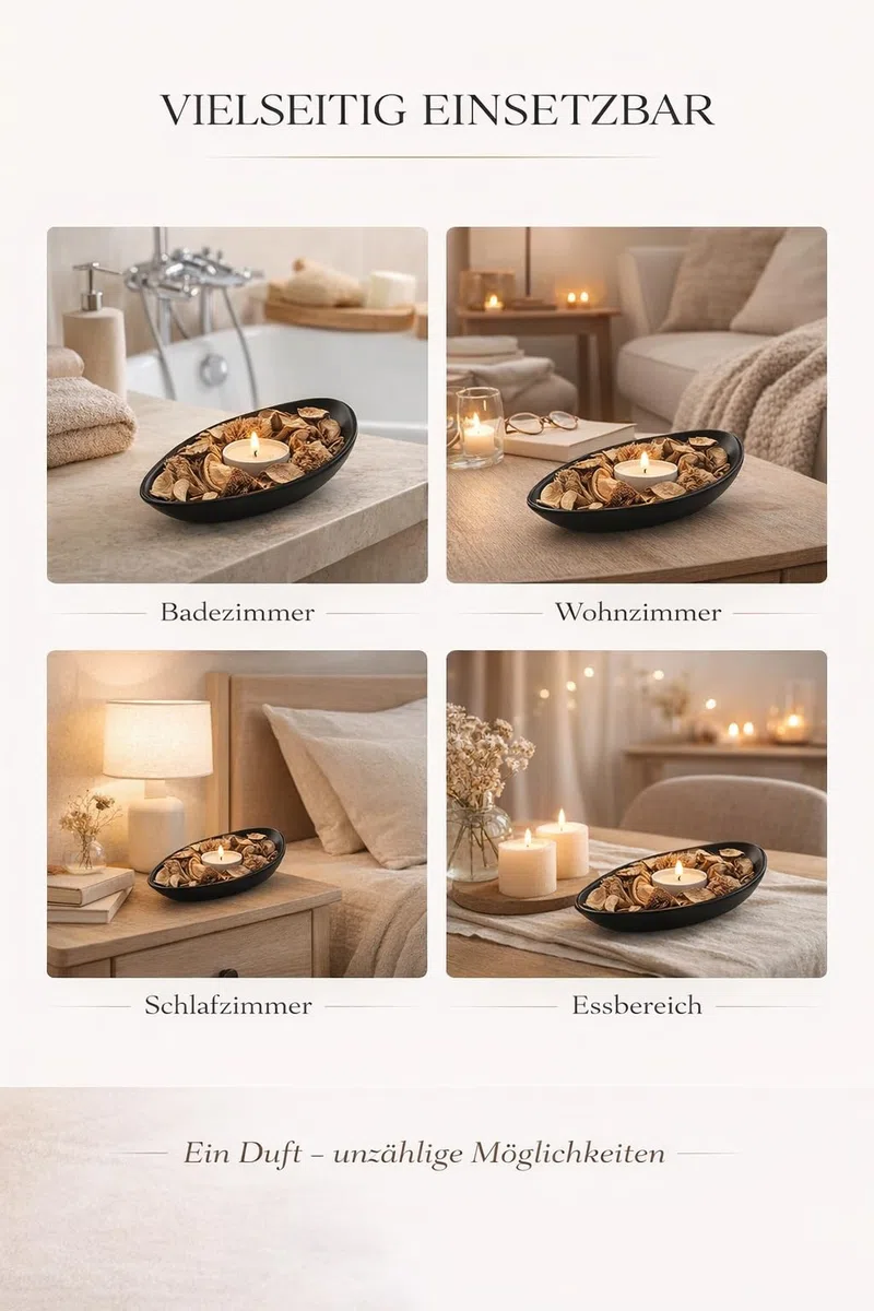 RaumWerk Duft Potpourri Set Vanille mit Schale & 3 Teelichtern – 60g Natürliches Potpourri Duftset – Ovale Dekoschale Schwarz – Raumduft für Wohnzimmer, Badezimmer & Schlafzimmer – Geschenkidee