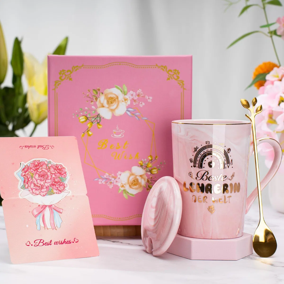Abschiedsgeschenk Erzieherin, Abschiedsgeschenk Lehrerin, Tasse - Geschenk Erzieherin Abschied Lehrerin Geschenk Marmor Keramiktasse 400ml, mit Goldaufdruck, Deckel, Löffel, Grußkarte, Geschenkbox