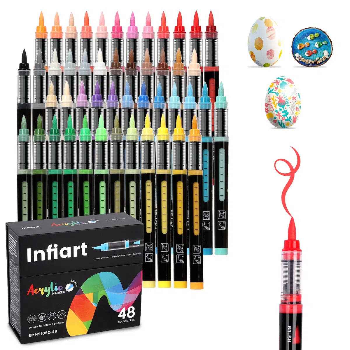 Infiart 48 Farben Acryl Farbe Marker Pinsel Spitze Automatische Tinte Steuerung Farbe Stifte Schnelltrocknen Acryl Marker Set für Weihnachten Dekorationen, Glas, Stein, Holz