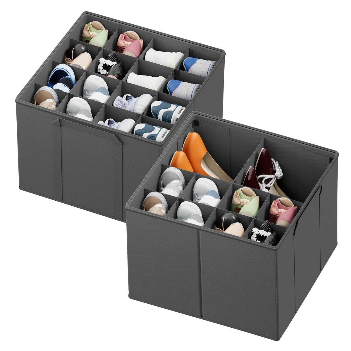 SpaceAid Schuh-Organizer für Schrank, faltbare Schuhaufbewahrungsbehälter, Körbe, Boxen mit verstellbaren Trennwänden, passend für 16–32 Paar, grau