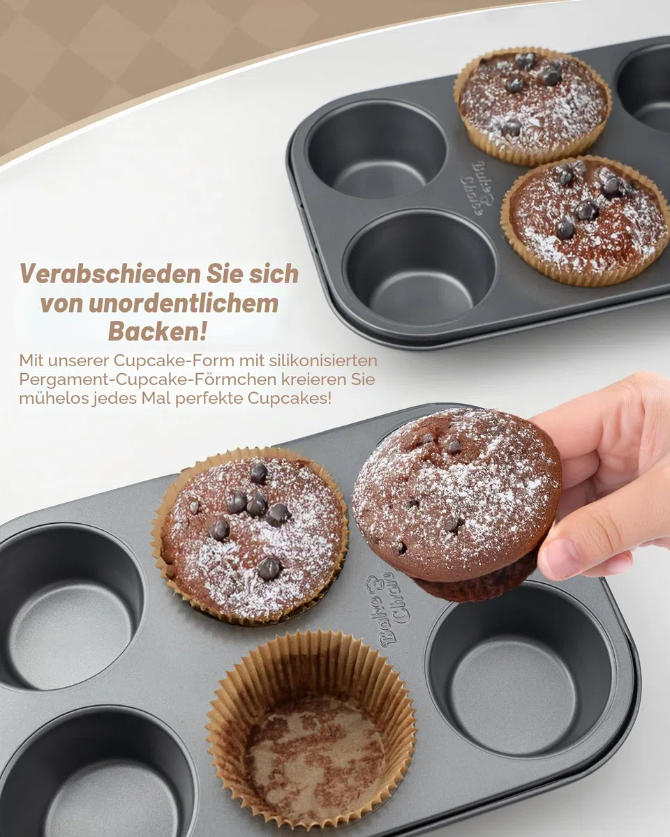 Bake Choice 2 Pack Jumbo Muffin Backform, mit 50 Natürlicher Jumbo Muffinförmchen Papier, 6-Fach Antihaft-Muffinform, Backform Set aus Kohlenstoffstahl