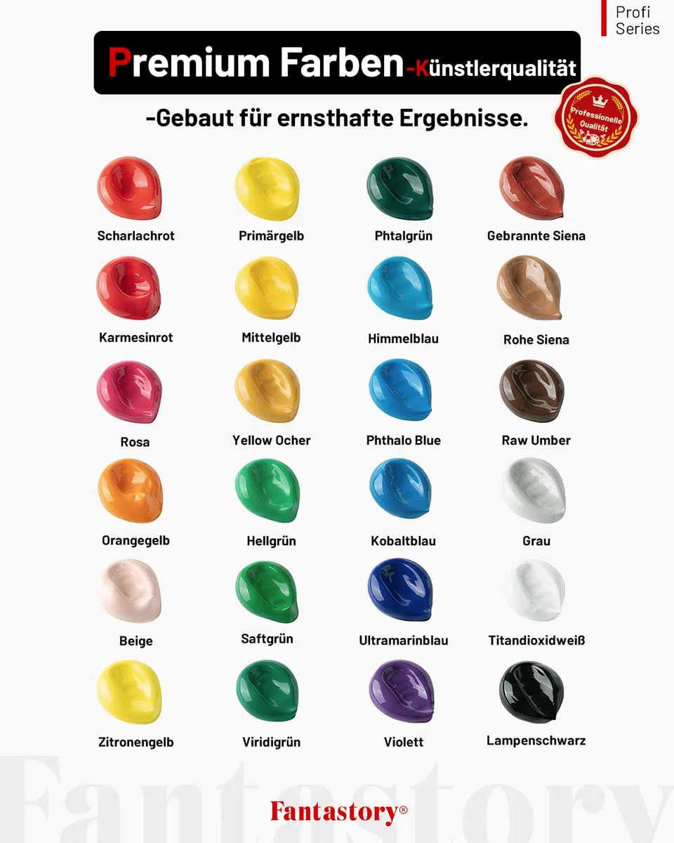 Fantastory Acrylfarben Set, 24 x 60 ml mit 16-teiligem Zubehör, hohe Deckkraft & wasserfest, Acrylic Paint Set für Leinwand, Holz, Steine & Basteln