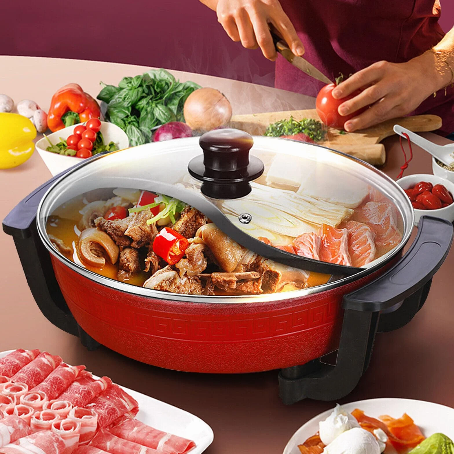 1300W Multifunktionaler Elektrischer Fonduetopf mit Heizboden und Deckel 6 Liter 2 Fächer Shabu Shabu Neu