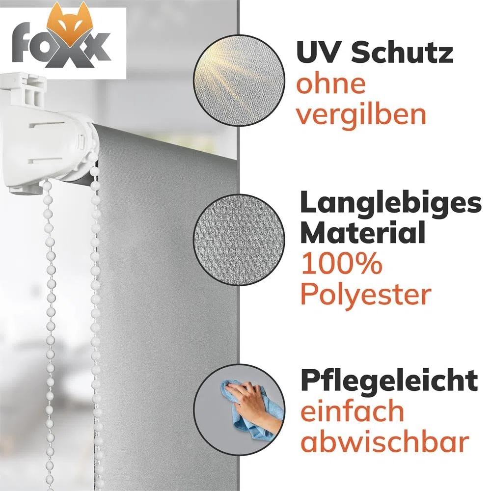 FOXX Thermo Rollo [FÜR Fenster OHNE Bohren] 90x140 cm Grau/Innenrollo Verdunklungsrollo als Sichtschutz/Klemmfix Montage/Für Schlafzimmer, Wohnzimmer, Küche, Büro, Kinderzimmer